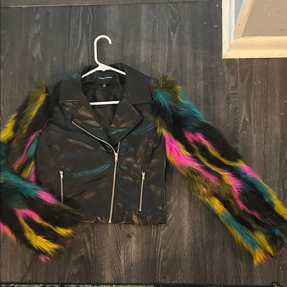 Stylish Black Moto Jacket with Multicolor Faux Fur Sleeves and fur leg warmers
